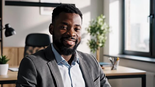 Confident African American businessman in office with large window