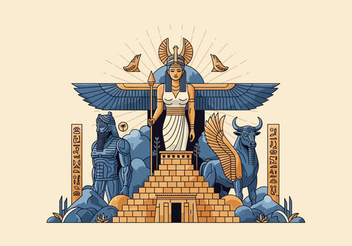 Stylized Ancient Mesopotamian Illustration of Goddess Ishtar on a Ziggurat with Lamassu and Winged Bull Mythology Symbols