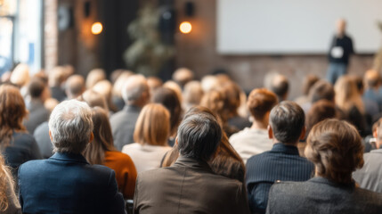 Obraz premium Audience event seminar conference people business meeting presentation speaker education professional indoor group focus rear view