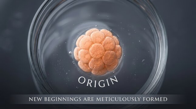 Photorealistic macro view of a morula stage embryo, showcasing cellular development and the incredible beginnings of life