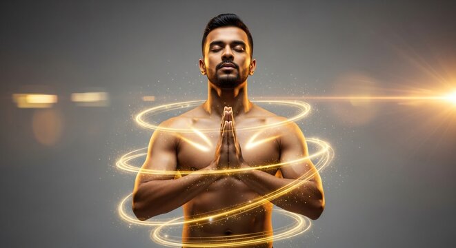 Man meditating with glowing energy swirls around hands in prayer position, spiritual enlightenment and mental health concept