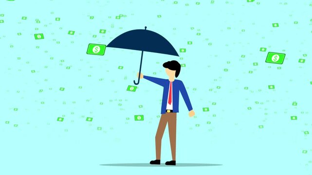 Businessman in suit stands holding an umbrella against falling dollar banknotes in this flat vector animation.