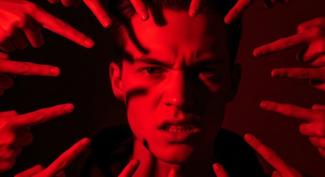 Close-up portrait of a young man looking stressed and anxious under red lighting, surrounded by floating accusing finger silhouettes, representing mental health awareness and
