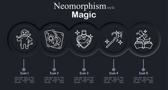 Magic set icon. Neomorphic circular interface line icons with stitched voodoo doll pins, tarot card pair sun moon, heart potion bottle sparkles, magic wand star trail, open spell book symbols