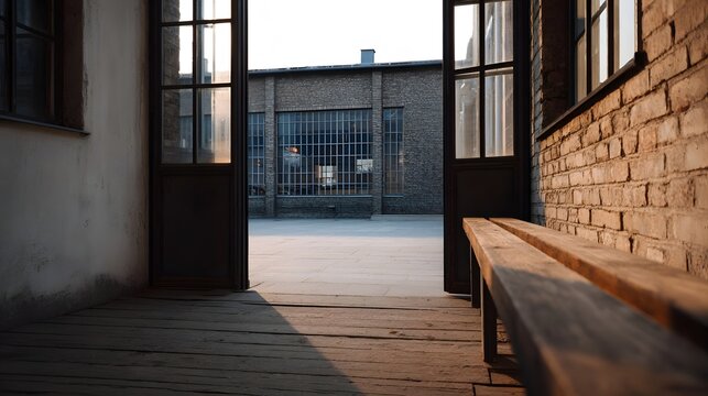 An open doorway leads to a sunlit industrial courtyard with a rustic wooden bench and brick building