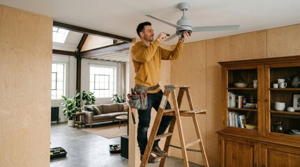 Fototapeta premium Skilled handyman installs ceiling fan on a sturdy step ladder in a bright room
