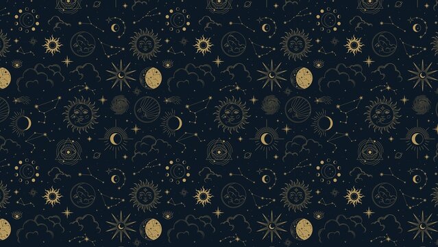 Gold and Black Illustrated Celestial Desktop Wallpaper