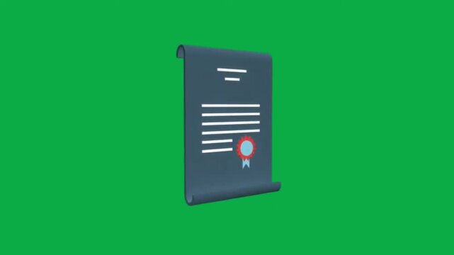 3d animated dark blue paper scroll with red wax seal on green screen background