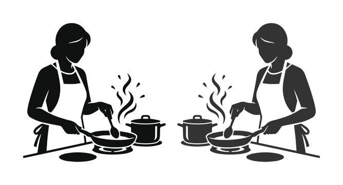 Minimalist silhouette of female chef cooking in kitchen, woman wearing apron preparing food with frying pan and pot, culinary professional vector illustration