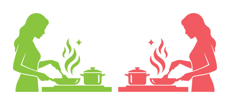 Minimalist woman cooking silhouette vector, female chef preparing food with frying pan and pot, green and red kitchen icons for culinary branding