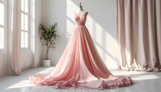 A flowing, pink formal dress on a mannequin in a sunlit room. Curtains and window