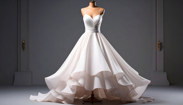 Elegant ivory bridal gown on a mannequin, showcasing tiered skirt and fitted bodice