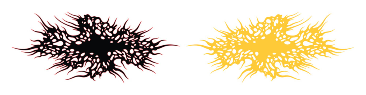 Death metal logo elements in black and yellow, aggressive y2k street wear graphics, organic spike shapes for heavy metal apparel design