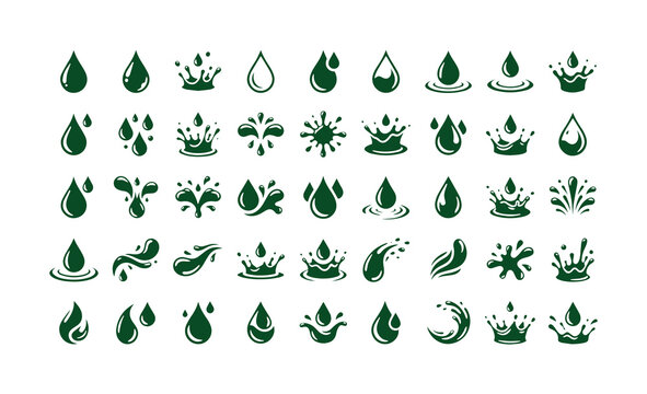 Green water drop icons and splash symbols set, liquid droplet vector collection, nature and environment graphic elements for eco-friendly branding