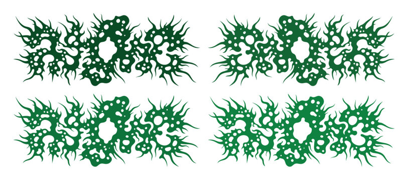 Death metal font style green abstract shapes, dark underground subculture graphic elements, set of 4 aggressive organic vector textures for streetwear