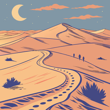 Desert road at night with moon with a stylized grap