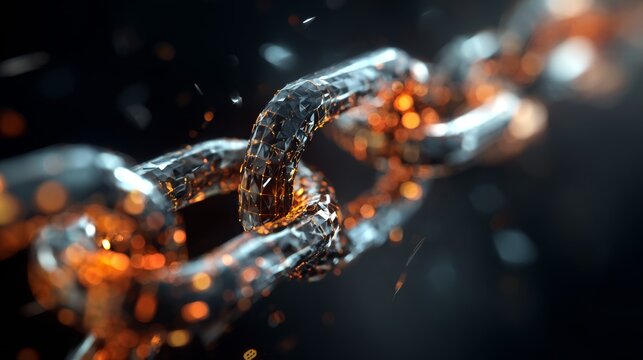 Close-up view of a metallic chain link glowing with bright orange sparks while being forged