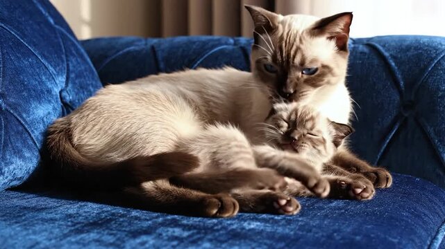 A nurturing adult feline gently grooms its sleepy young offspring while resting together on a plush, textured sofa in soft, natural light