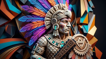 Obraz premium Colorful Aztec Warrior Sculpture Aztec Warrior Sculpture Colorful Feathers Art Native. Concept featuring aztec, warrior, sculpture, colorful, feathers for professional commercial design.