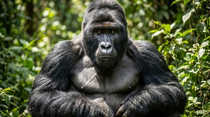 Naklejka premium Majestic Gorilla in Lush Greenery Gorilla Wildlife Nature Animal Primate Endangered Species Biodiversity. Concept featuring gorilla, wildlife, nature, animal, primate for professional commercial de...