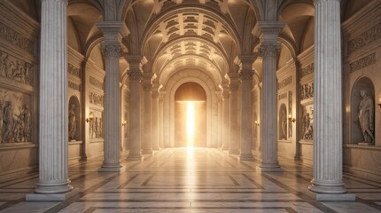 Obraz premium Majestic Hallway with Illuminated Entrance Architecture Interior Hallway Columns Light Entrance Marble. Concept featuring architecture, interior, hallway, columns, light for professional commercial...
