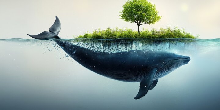 A surreal image of a whale swimming underwater with a small island and tree growing on its back above the surface.