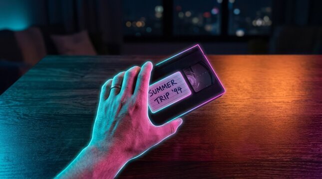 Nostalgic VHS Tape from Summer Trip 94 Vhs Tape Nostalgia Summer Trip Retro Home Video Hand Night. Concept featuring vhs tape, nostalgia, summer trip, retro, home video for professional commercial ...