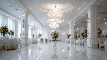 Fototapeta premium Luxurious white wedding hall with marble floor, grand chandelier, elegant columns, floral arrangements, and soft ambient lighting