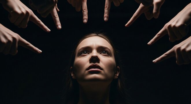 Woman surrounded by accusatory pointing fingers, feeling judged and isolated in the dark. Symbolizes peer pressure, cyberbullying, or negative public opinion targeting an