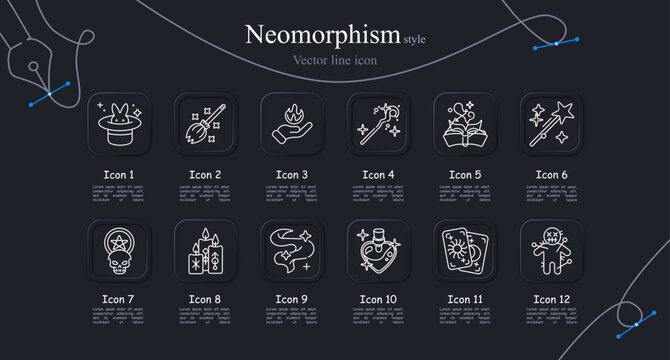 Magic wizard set icon. Magic hat rabbit, enchanted broom, flame spell, magic wand, spellbook, wizard staff, occult skull, ritual candles, mystic smoke, alchemy potion, tarot cards, voodoo doll