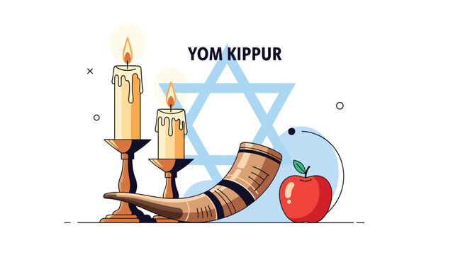 Yom Kippur Jewish holiday celebration elements including a shofar ram horn with lit candles and the star of david symbol.