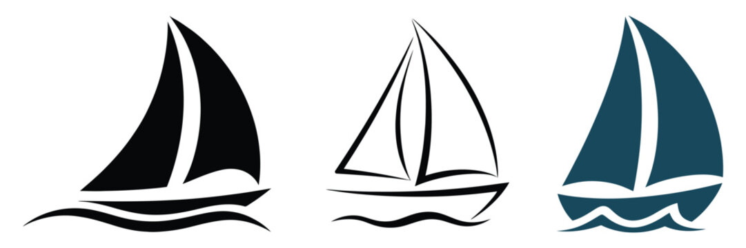 Sailing boats on calm waters, black white and blue palette, sailboat icon silhouettes, nautical logo for sale, marine and travel concept, clean vector design elements for branding, apps, and coastal b
