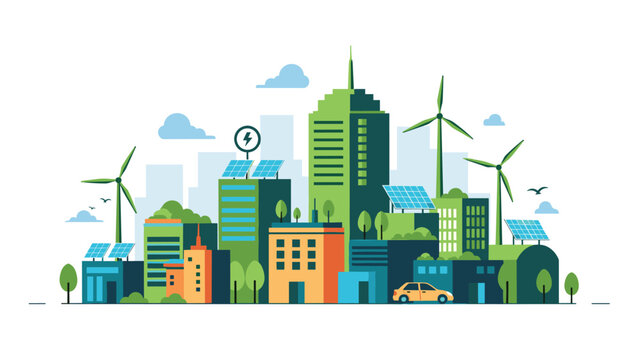 Sustainable eco city landscape shows green skyscrapers equipped with solar panels and wind turbines for renewable energy urban development.