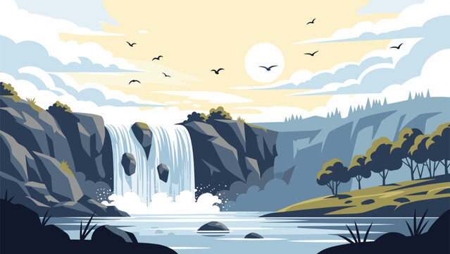Beautiful nature landscape features a powerful waterfall cascading over rocky cliffs into a river during a peaceful sunset with birds flying above.