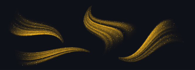 Gold glitter wave set. Wavy flowing trails with sparkling dust particles on black backdrop. Shimmering curved streams, dynamic flow lines. Luxury banner, festive poster, magic design element. Vector. © YEVHENIIA