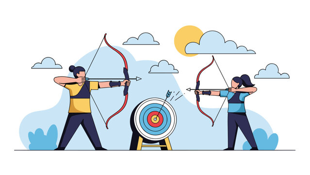 Two archery athletes aim their bows at a target in a professional outdoor competition held under a bright sunny sky with fluffy white clouds.