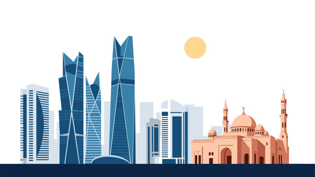 Modern city skyline with skyscrapers and a traditional mosque under a bright sun representing a Middle Eastern capital city.