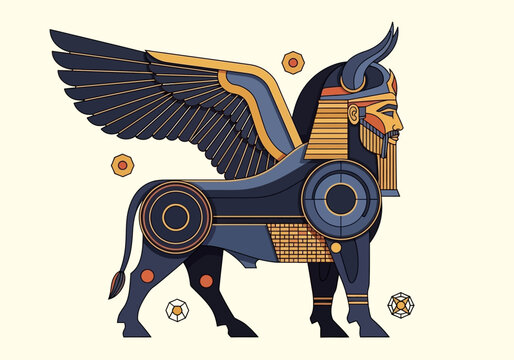 Modern Stylized Lamassu Illustration - Ancient Assyrian Winged Human-Headed Bull Guardian
