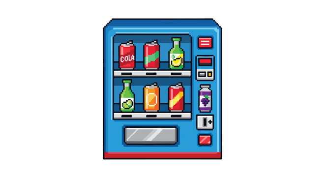 This pixel art vector illustration features a blue vending machine stocked with colorful soda cans and bottles, set against a plain white background.