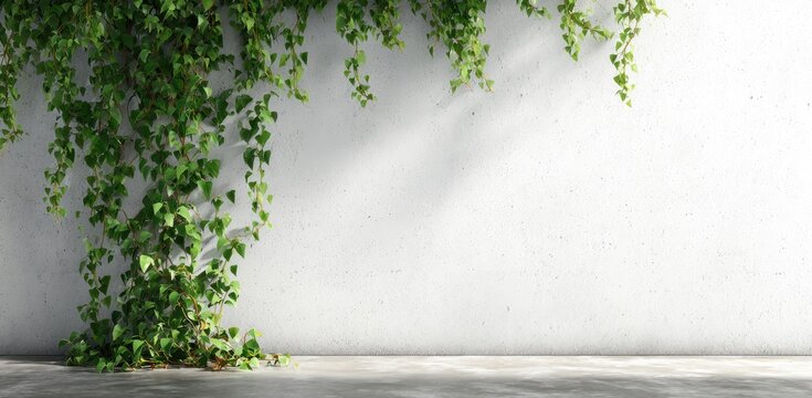 Ivy vines cascade down a textured white wall, casting shadows. Concrete floor below