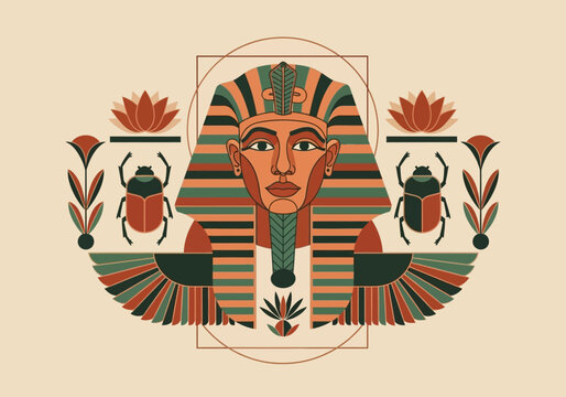 Modern Egyptian Pharaoh Vector Illustration with Scarabs and Lotus Flowers. Stylized King Tut Graphic Design with Ancient Egypt Symbols and Geometric Elements.