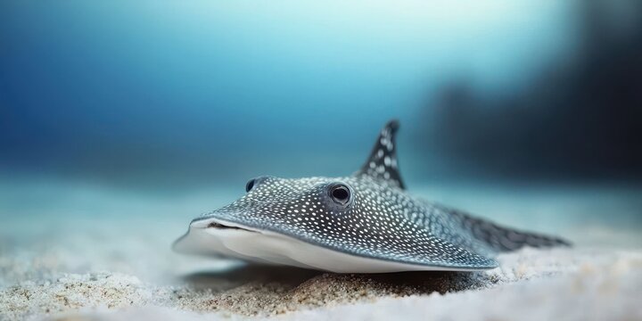 A close-up photo of a spotted eagle ray resting on the sandy ocean floor with a blurred blue underwater background.
