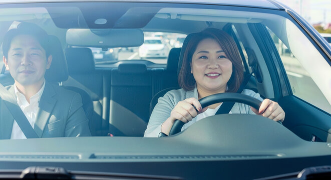 Happy beautiful asian woman driving car with male passenger representing successful auto purchase vehicle rental daily commuting transport ownership safe journey travel concept