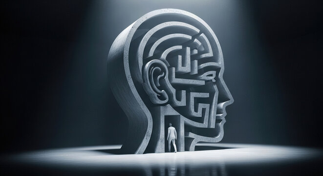 Psychology mental health concept tiny man silhouette entering huge concrete human head shape maze abstract architectural structure representing complex brain function solving problem