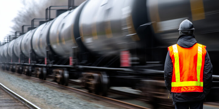 Worker in safety vest observes moving freight train with tank cars on railway tracks, blurred motion effect creates dynamic scene in industrial setting
