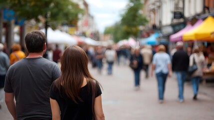 Obraz premium A couple walks away from the viewer down a bustling blurred outdoor market street lined with colorful stalls and pedestrians