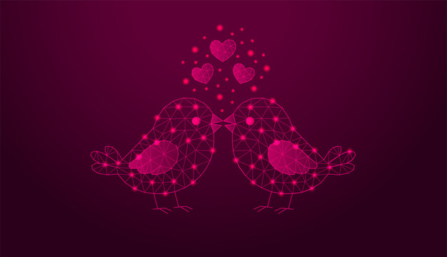 Low poly wireframe birds in love with hearts on dark background.