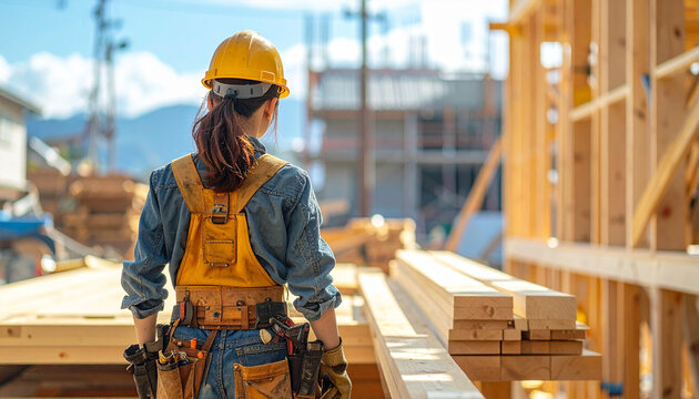 建設現場で木材を加工する日本の大工の後ろ姿、作業服と腰道具のリアリティ