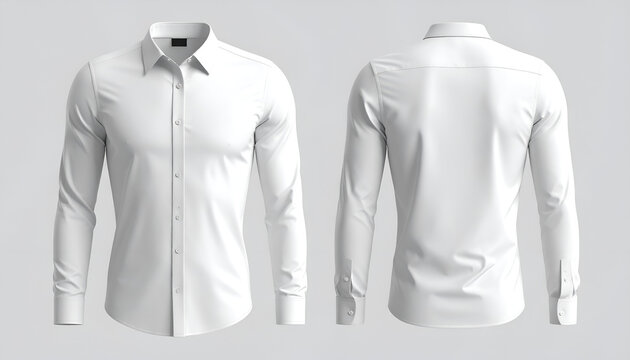 Two views, front and back, of a crisp white long-sleeved dress shirt against a grey backdrop