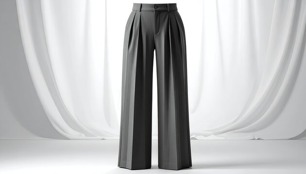 Tailored gray pleated wide-leg trousers stand alone against soft, draped white fabric